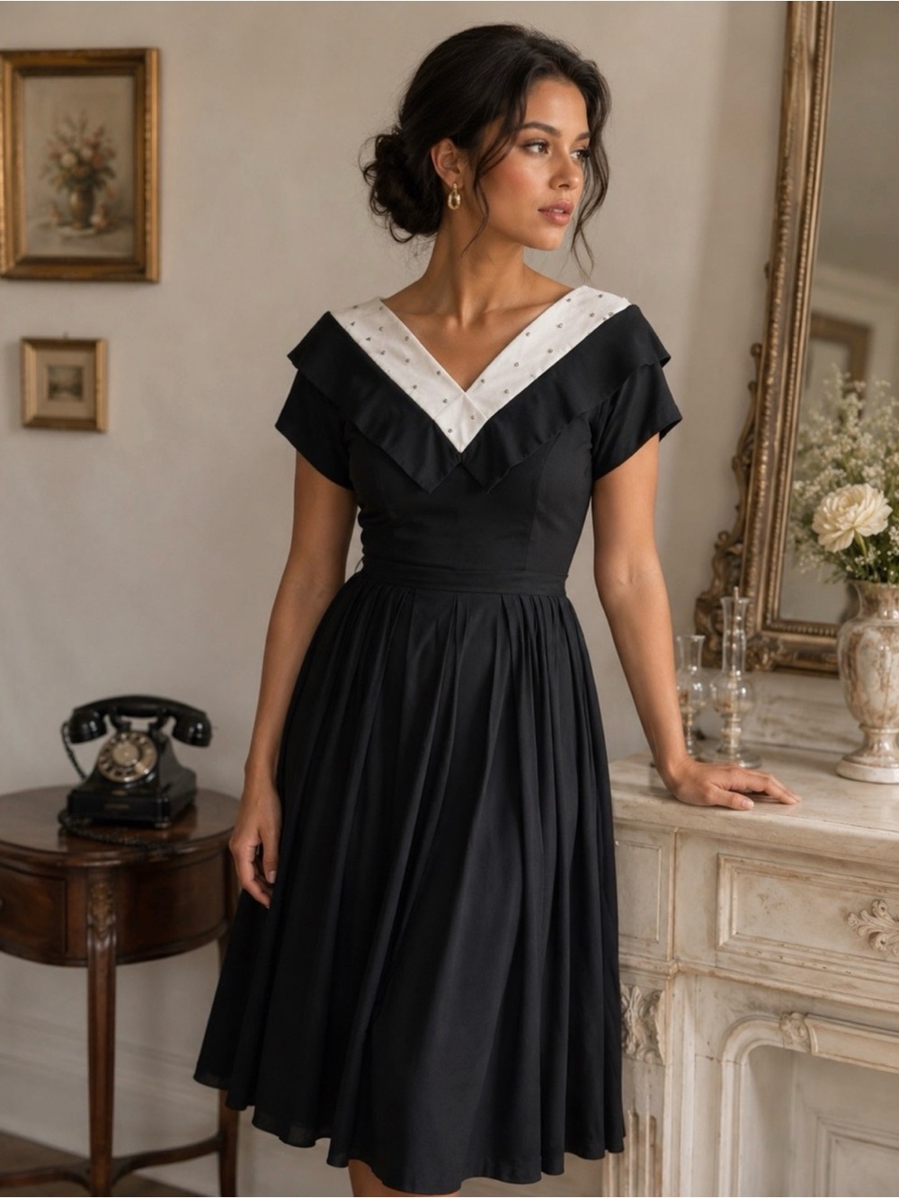 Vintage 50s Black Rhinestone Cocktail Dress Boatneck Fit Flare Rockabilly Swing